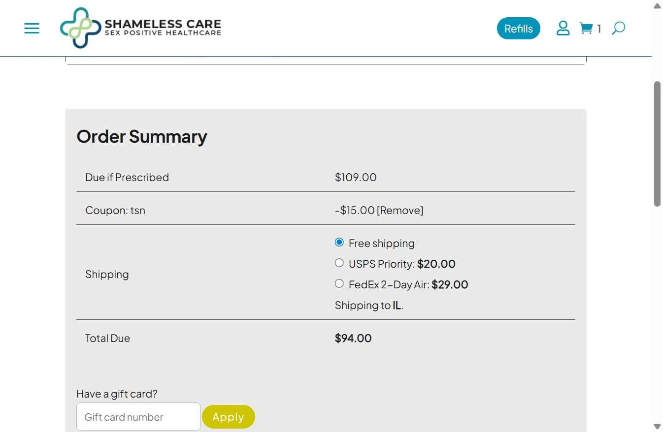 Shameless Care checkout page showing Shameless Care coupon code box | Screenshot taken by SimplyCodes community member on Nov 15, 2025