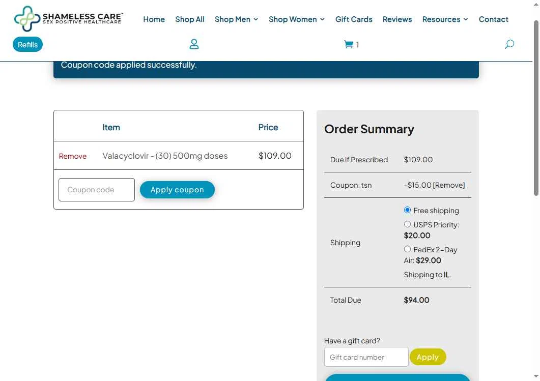 Shameless Care checkout page showing Shameless Care coupon code box | Screenshot taken by SimplyCodes community member on Oct 17, 2025