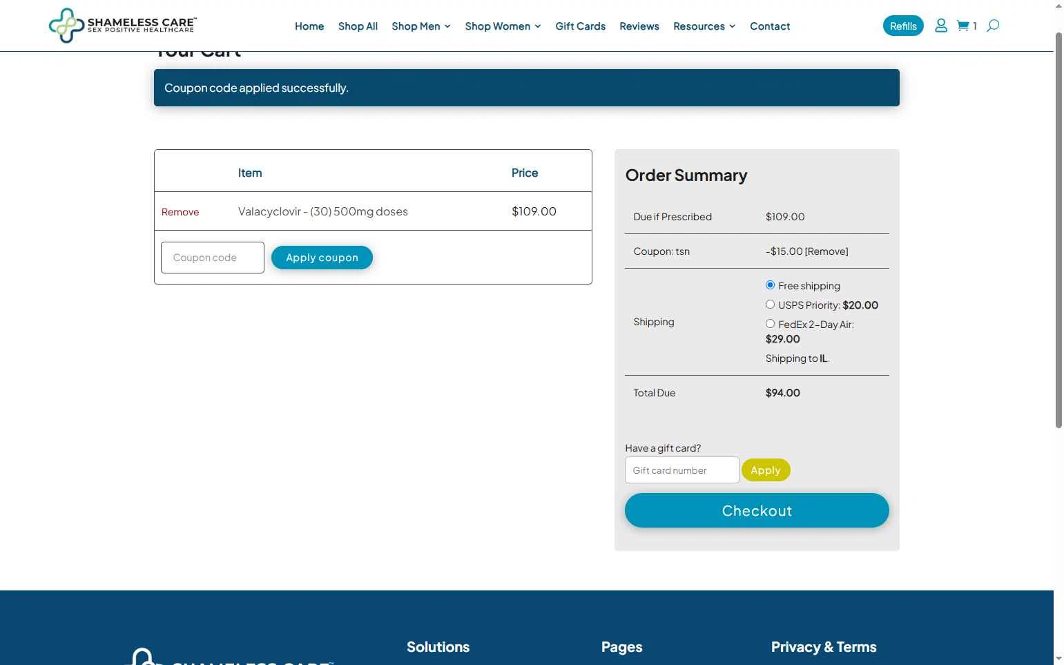Shameless Care checkout page showing Shameless Care coupon code box | Screenshot taken by SimplyCodes community member on Oct 17, 2025