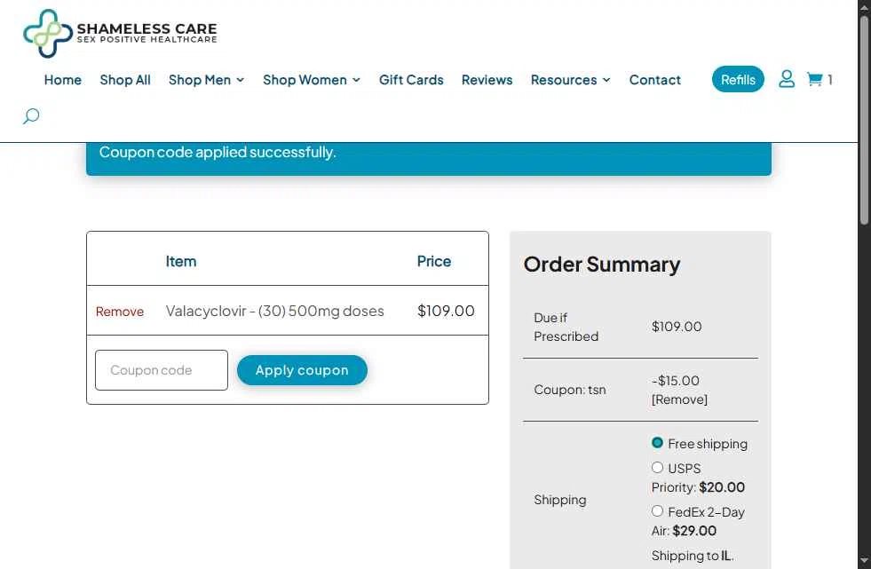 Shameless Care checkout page showing Shameless Care coupon code box | Screenshot taken by SimplyCodes community member on Nov 15, 2025