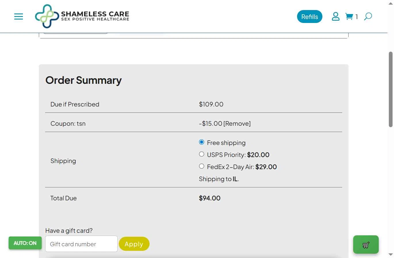 Shameless Care checkout page showing Shameless Care coupon code box | Screenshot taken by SimplyCodes community member on Dec 14, 2025