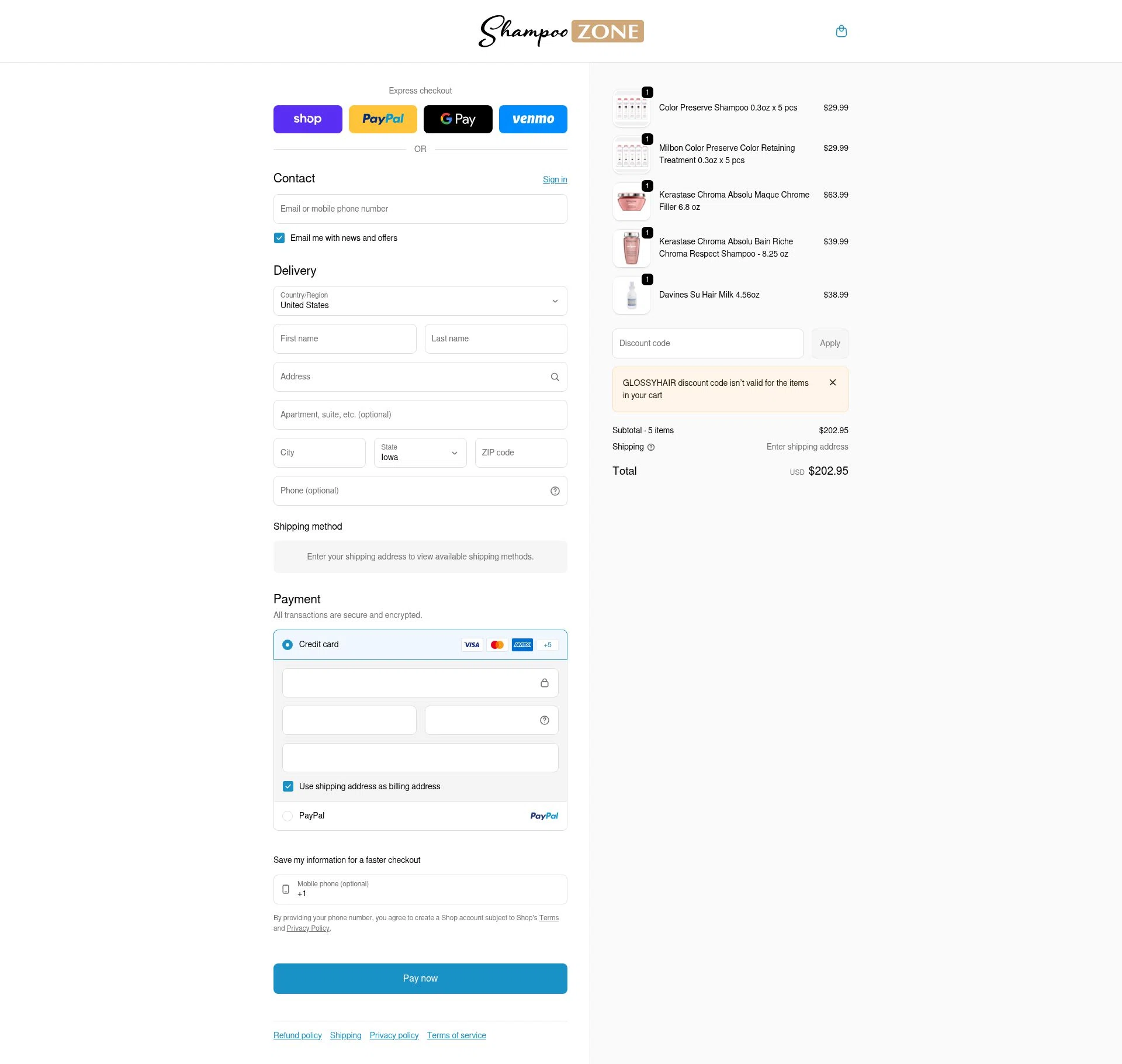 ShampooZone checkout page showing ShampooZone promo code box | Screenshot taken by SimplyCodes community member on Feb 7, 2026