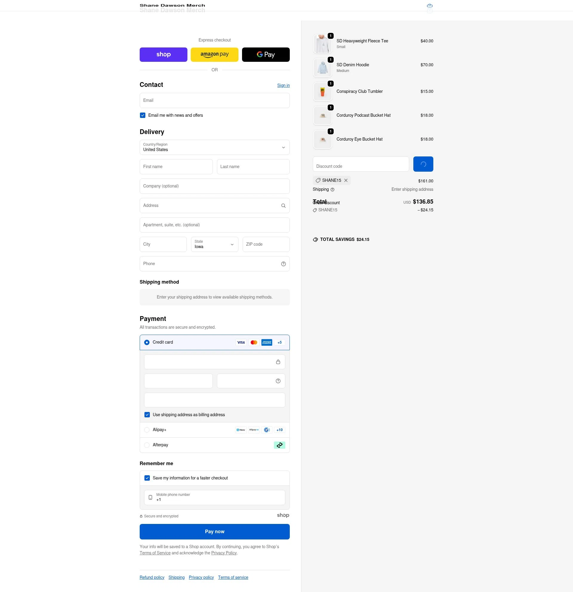 Shane Dawson checkout page showing Shane Dawson promo code box | Screenshot taken by SimplyCodes community member on Dec 29, 2025