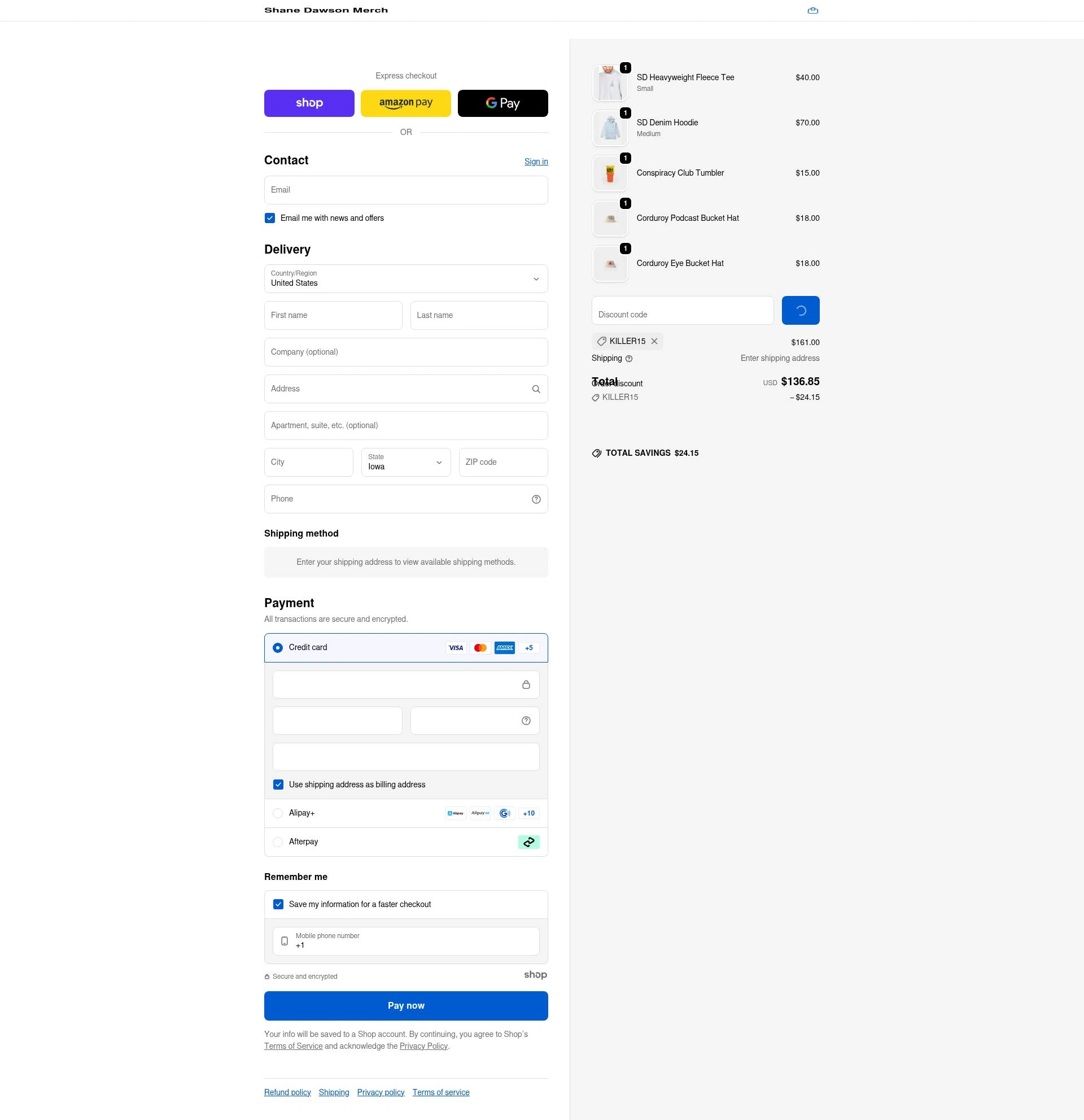 Shane Dawson checkout page showing Shane Dawson promo code box | Screenshot taken by SimplyCodes community member on Dec 24, 2025