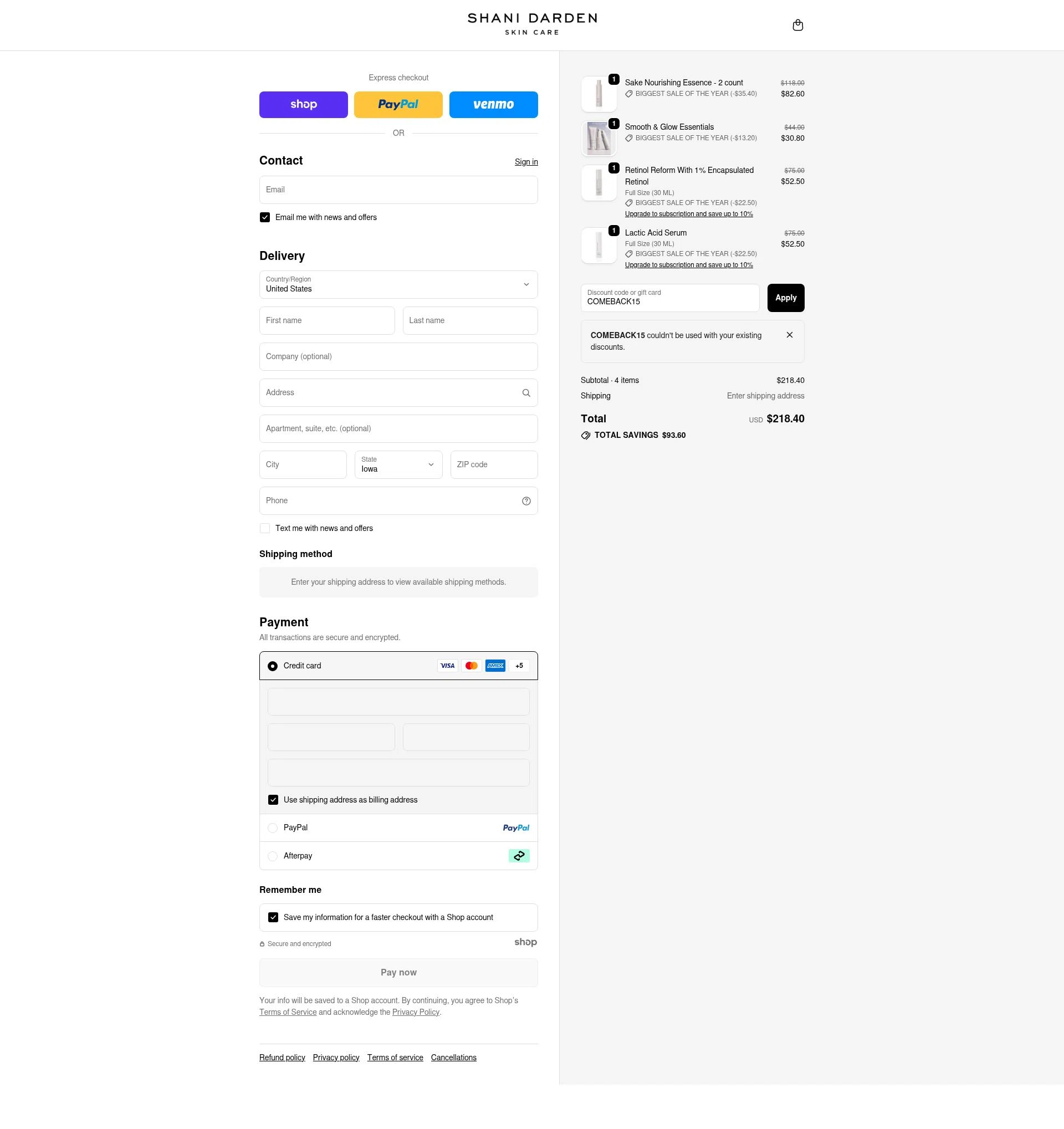 Shani Darden checkout page showing Shani Darden promo code box | Screenshot taken by SimplyCodes community member on Nov 30, 2025