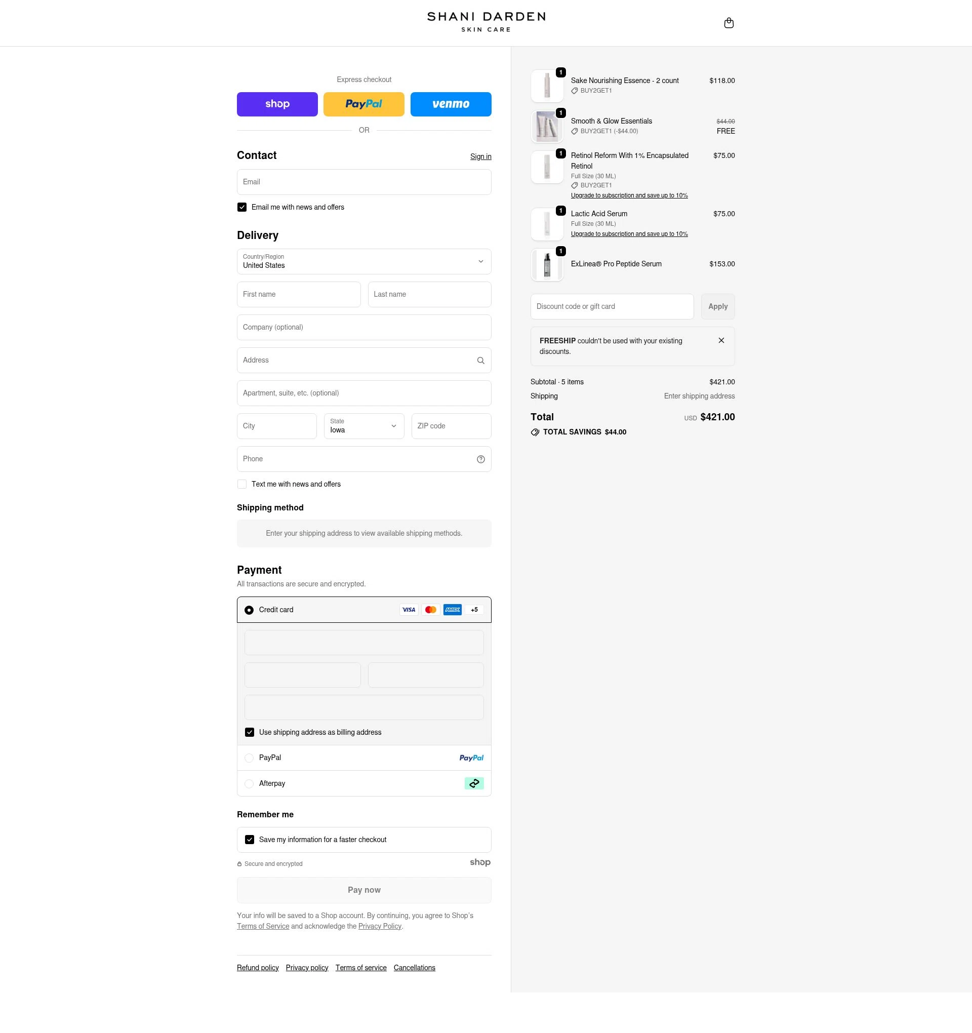 Shani Darden checkout page showing Shani Darden promo code box | Screenshot taken by SimplyCodes community member on Dec 28, 2025