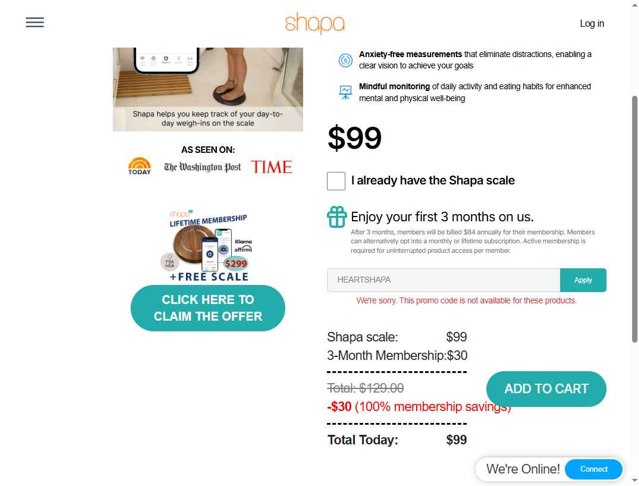 Shapa checkout page showing Shapa promo code box | Screenshot taken by SimplyCodes community member on Jul 15, 2025