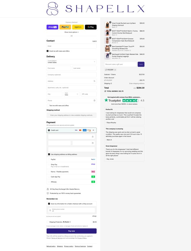 Shapellx checkout page showing Shapellx coupon code box | Screenshot taken by SimplyCodes community member on Aug 25, 2025