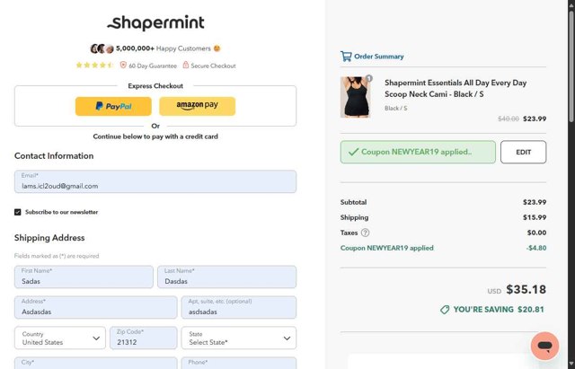 Shapermint checkout page showing Shapermint discount code box | Screenshot taken by SimplyCodes community member on Aug 27, 2025