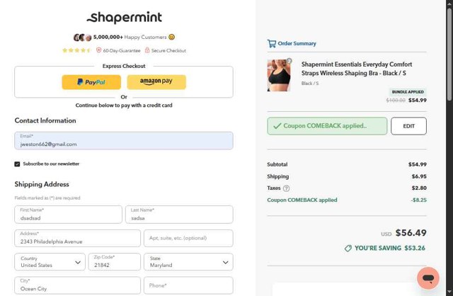Shapermint checkout page showing Shapermint discount code box | Screenshot taken by SimplyCodes community member on Aug 27, 2025