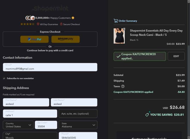 Shapermint checkout page showing Shapermint discount code box | Screenshot taken by SimplyCodes community member on Aug 26, 2025