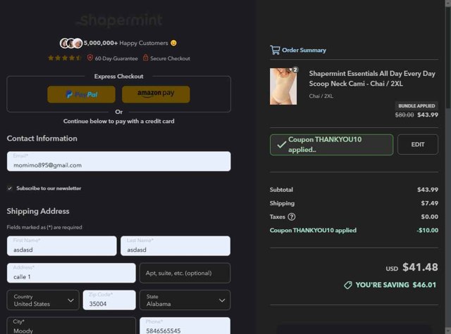 Shapermint checkout page showing Shapermint discount code box | Screenshot taken by SimplyCodes community member on Aug 27, 2025