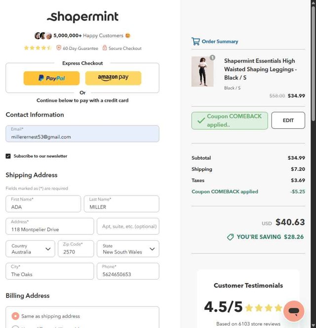 Shapermint checkout page showing Shapermint discount code box | Screenshot taken by SimplyCodes community member on Aug 27, 2025