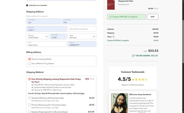 Shapermint checkout page showing Shapermint discount code box | Screenshot taken by SimplyCodes community member on Aug 27, 2025