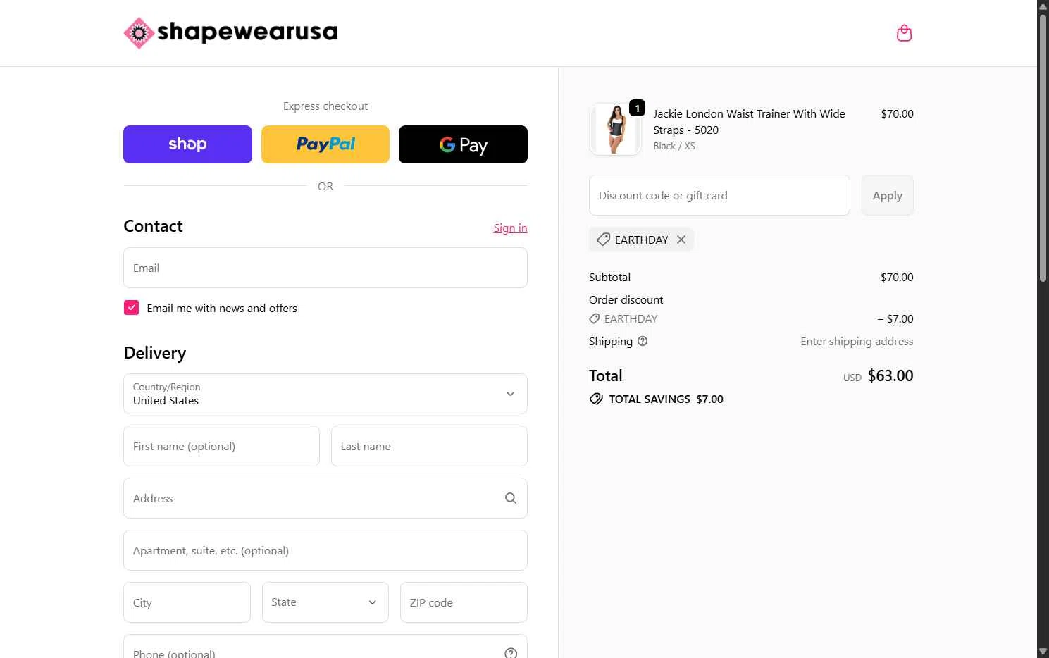 Shapewear USA checkout page showing Shapewear USA promo code box | Screenshot taken by SimplyCodes community member on Feb 13, 2026