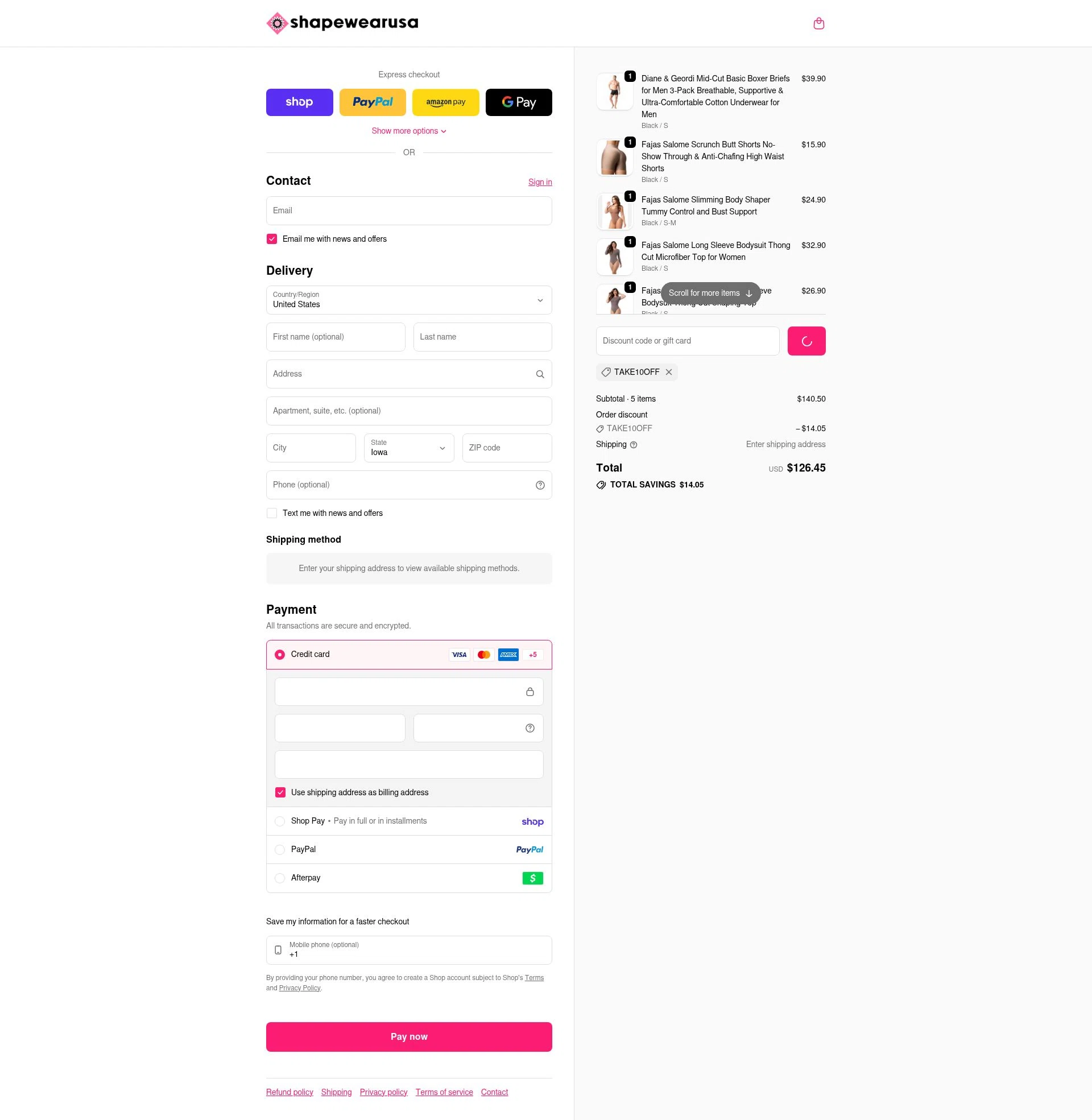 Shapewear USA checkout page showing Shapewear USA promo code box | Screenshot taken by SimplyCodes community member on Feb 12, 2026