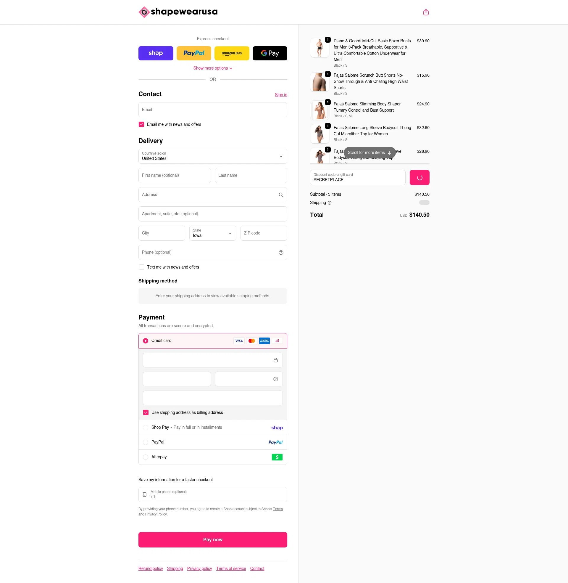 Shapewear USA checkout page showing Shapewear USA promo code box | Screenshot taken by SimplyCodes community member on Feb 13, 2026