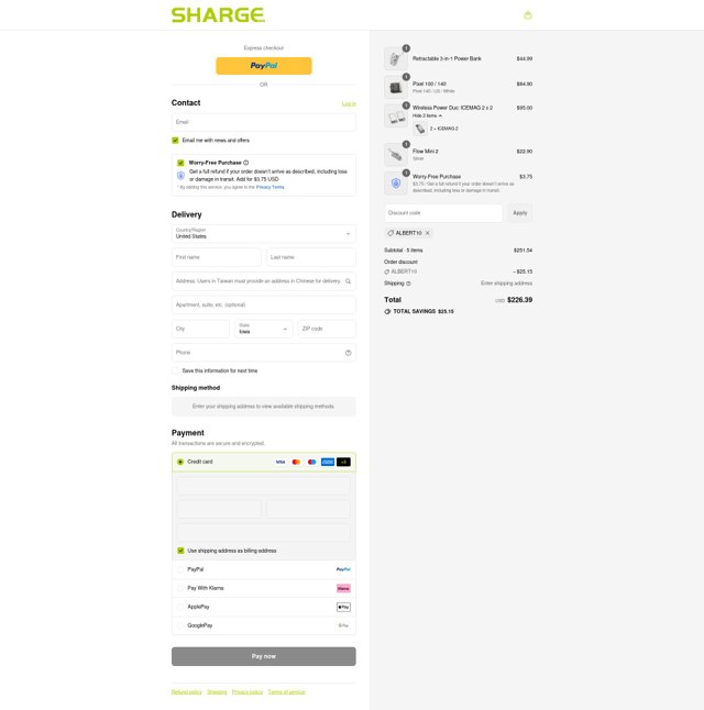 SHARGE checkout page showing SHARGE discount code box | Screenshot taken by SimplyCodes community member on Sep 3, 2025