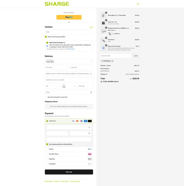 SHARGE checkout page showing SHARGE discount code box | Screenshot taken by SimplyCodes community member on Sep 3, 2025