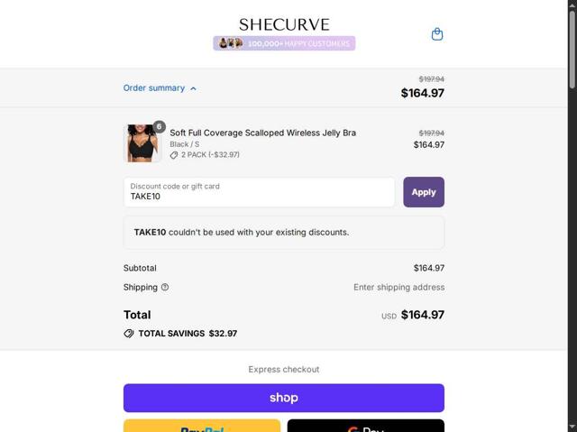 SheCurve checkout page showing SheCurve discount code box | Screenshot taken by SimplyCodes community member on Sep 10, 2025