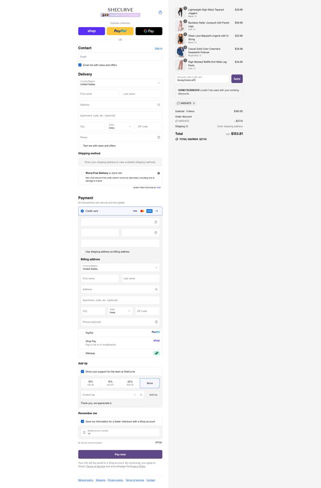 SheCurve checkout page showing SheCurve discount code box | Screenshot taken by SimplyCodes community member on Sep 9, 2025