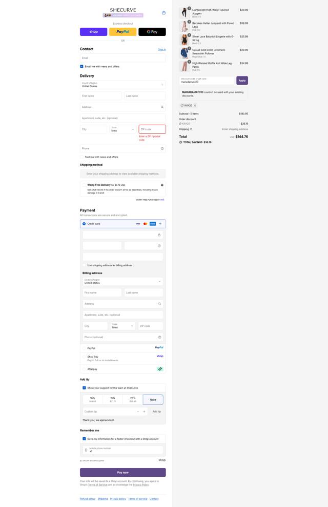 SheCurve checkout page showing SheCurve discount code box | Screenshot taken by SimplyCodes community member on Sep 9, 2025