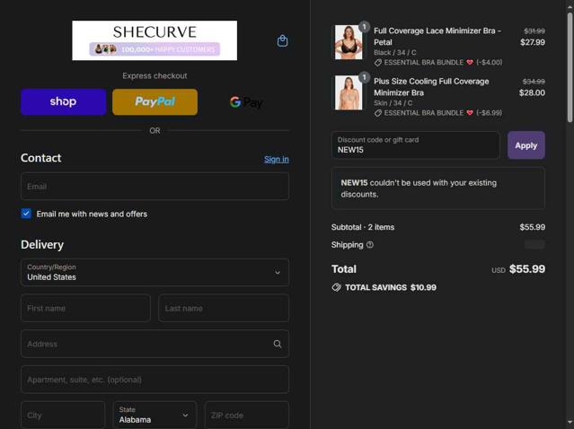 SheCurve checkout page showing SheCurve discount code box | Screenshot taken by SimplyCodes community member on Sep 10, 2025