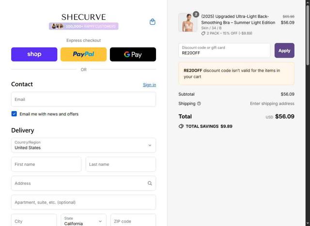 SheCurve checkout page showing SheCurve discount code box | Screenshot taken by SimplyCodes community member on Sep 10, 2025