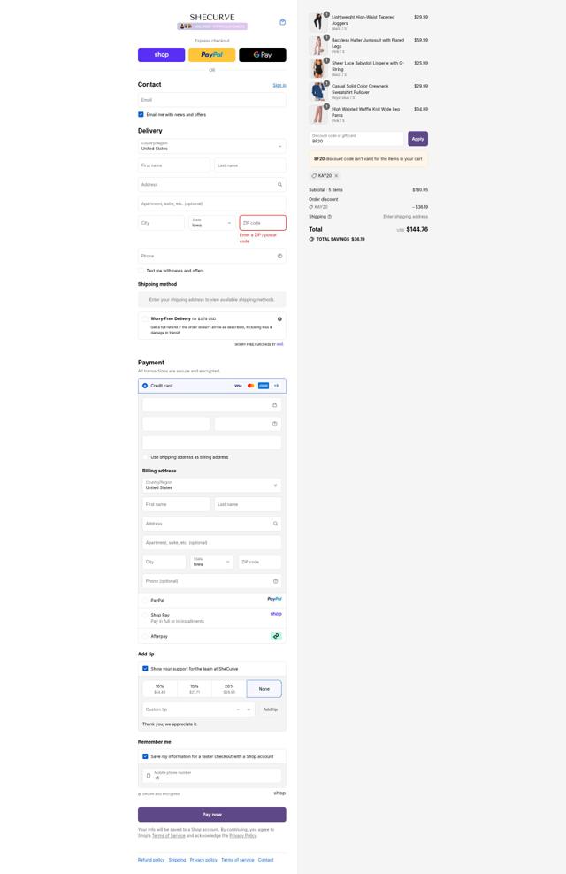 SheCurve checkout page showing SheCurve discount code box | Screenshot taken by SimplyCodes community member on Sep 9, 2025