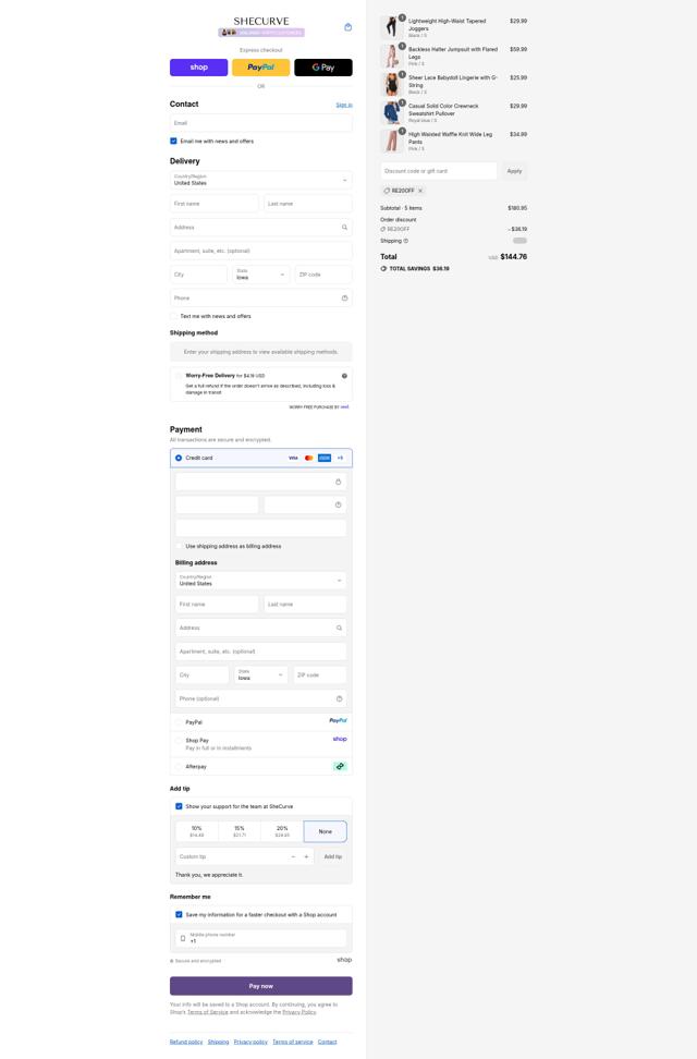SheCurve checkout page showing SheCurve discount code box | Screenshot taken by SimplyCodes community member on Sep 9, 2025