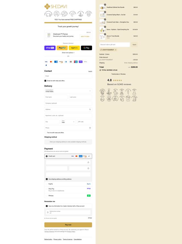 Shedavi checkout page showing Shedavi promo code box | Screenshot taken by SimplyCodes community member on Aug 22, 2025