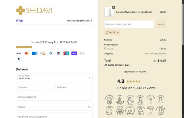Shedavi checkout page showing Shedavi promo code box | Screenshot taken by SimplyCodes community member on Sep 5, 2025