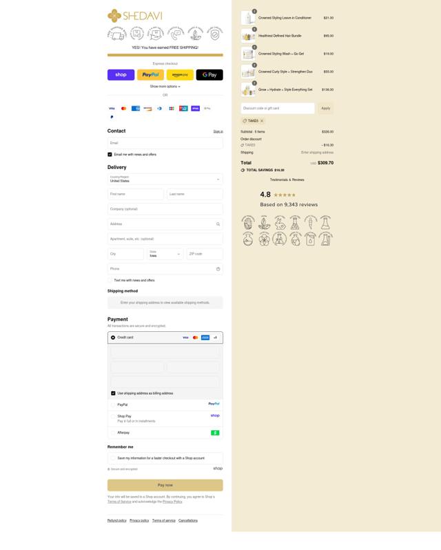 Shedavi checkout page showing Shedavi promo code box | Screenshot taken by SimplyCodes community member on Sep 12, 2025