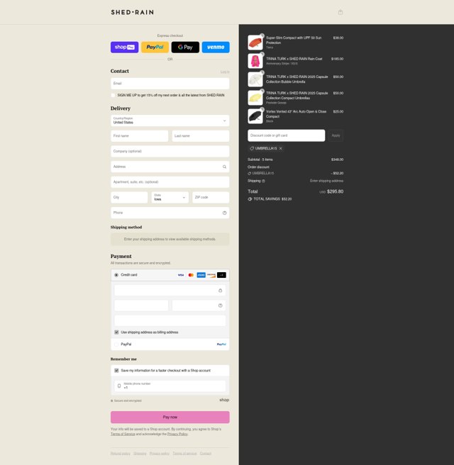ShedRain checkout page showing ShedRain discount code box | Screenshot taken by SimplyCodes community member on Aug 27, 2025