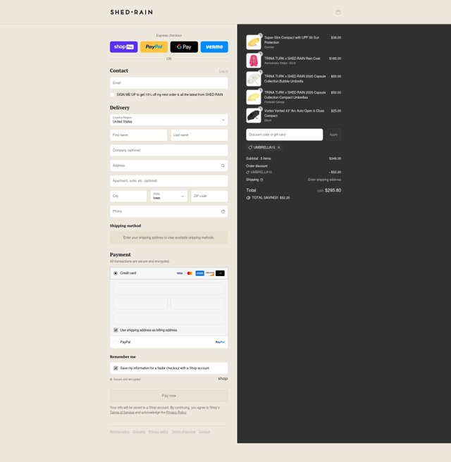 ShedRain checkout page showing ShedRain discount code box | Screenshot taken by SimplyCodes community member on Aug 17, 2025