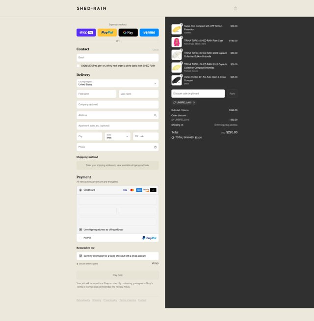 ShedRain checkout page showing ShedRain discount code box | Screenshot taken by SimplyCodes community member on Jul 27, 2025