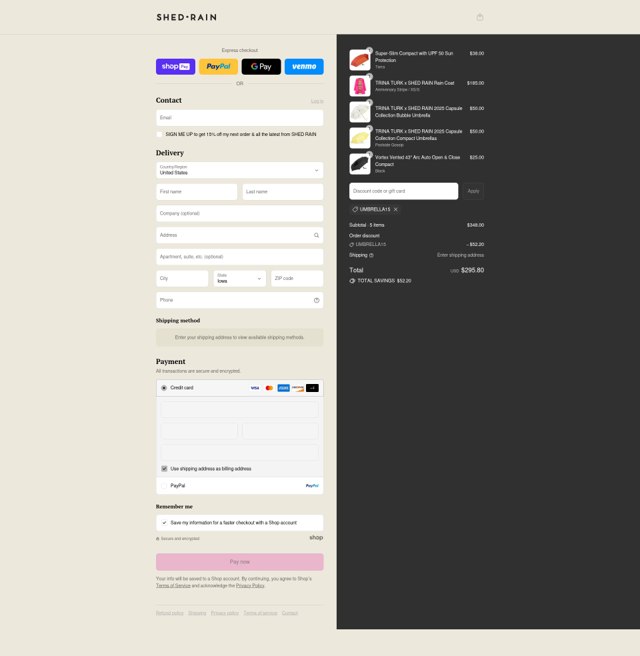 ShedRain checkout page showing ShedRain discount code box | Screenshot taken by SimplyCodes community member on Aug 23, 2025