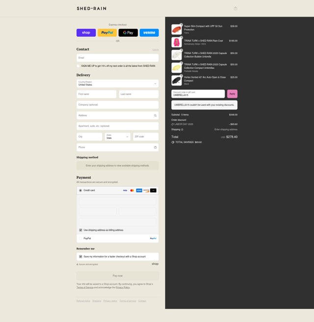 ShedRain checkout page showing ShedRain discount code box | Screenshot taken by SimplyCodes community member on Aug 31, 2025