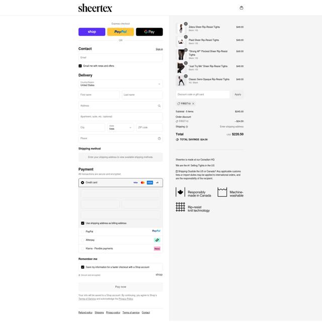 Sheertex checkout page showing Sheertex discount code box | Screenshot taken by SimplyCodes community member on Sep 10, 2025