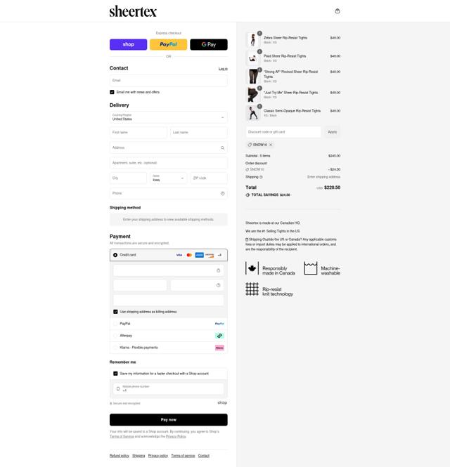 Sheertex checkout page showing Sheertex discount code box | Screenshot taken by SimplyCodes community member on Sep 6, 2025