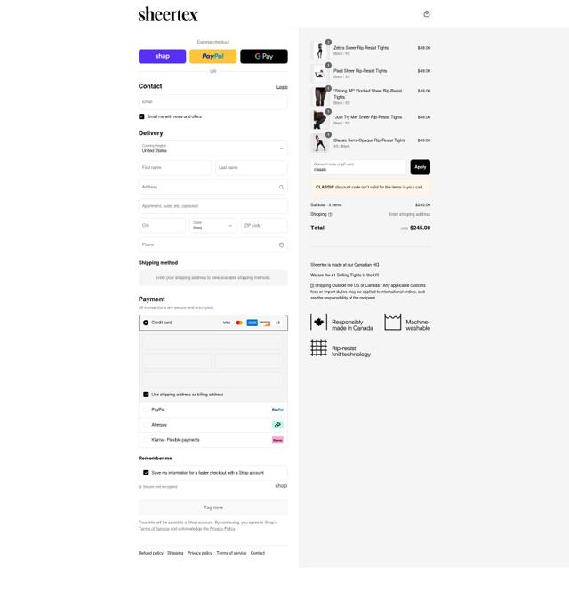 Sheertex checkout page showing Sheertex discount code box | Screenshot taken by SimplyCodes community member on Sep 6, 2025