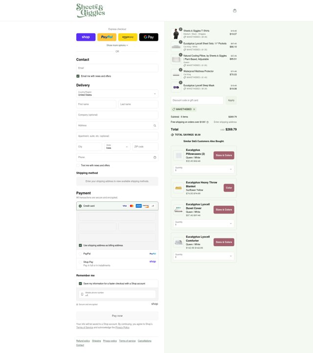 Sheets & Giggles checkout page showing Sheets & Giggles promo code box | Screenshot taken by SimplyCodes community member on Sep 2, 2025