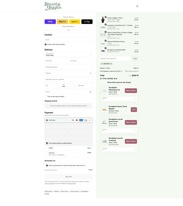 Sheets & Giggles checkout page showing Sheets & Giggles promo code box | Screenshot taken by SimplyCodes community member on Sep 2, 2025