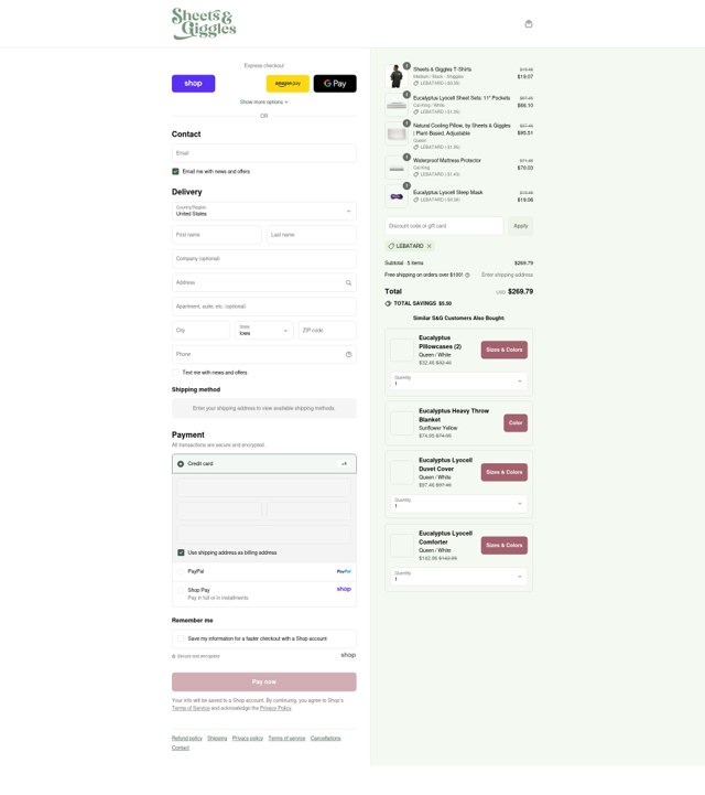 Sheets & Giggles checkout page showing Sheets & Giggles promo code box | Screenshot taken by SimplyCodes community member on Aug 29, 2025