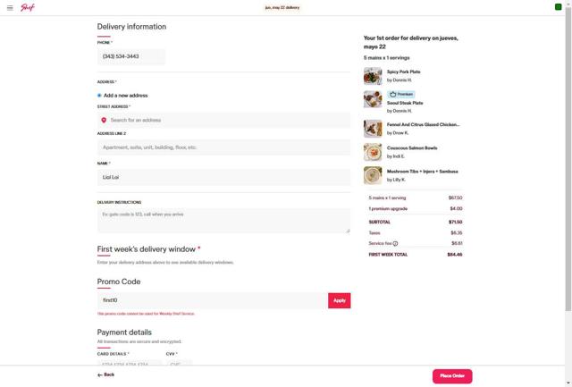 Shef checkout page showing Shef promo code box | Screenshot taken by SimplyCodes community member on May 19, 2025