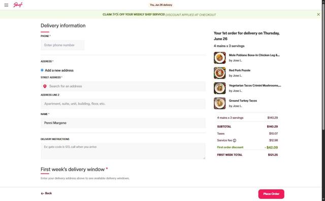 Shef checkout page showing Shef promo code box | Screenshot taken by SimplyCodes community member on Jun 17, 2025