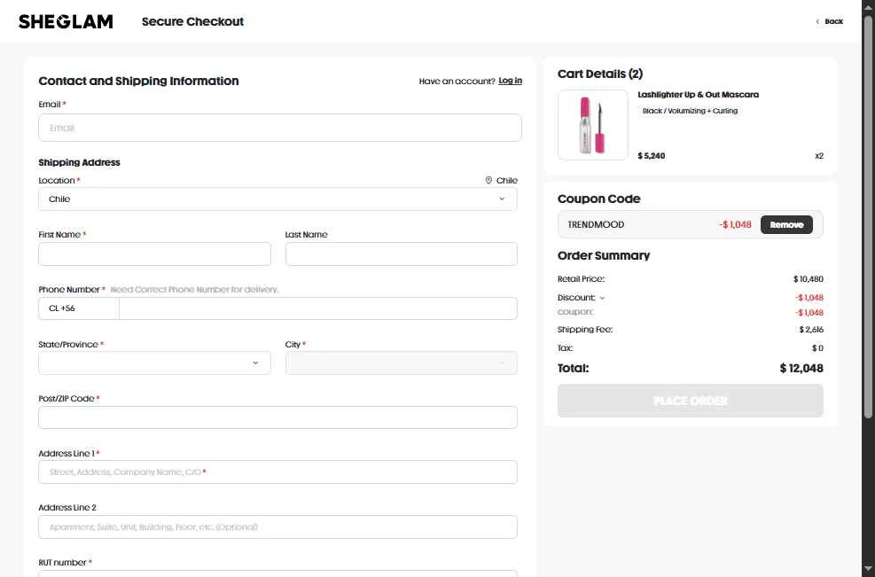 SHEGLAM US checkout page showing SHEGLAM US promo code box | Screenshot taken by SimplyCodes community member on Feb 7, 2026