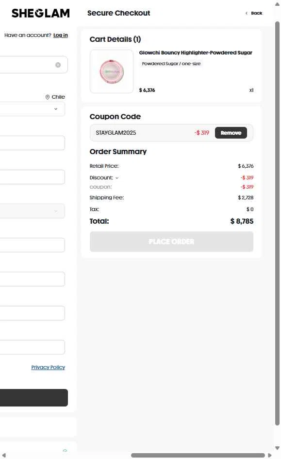 SHEGLAM US checkout page showing SHEGLAM US promo code box | Screenshot taken by SimplyCodes community member on Dec 23, 2025