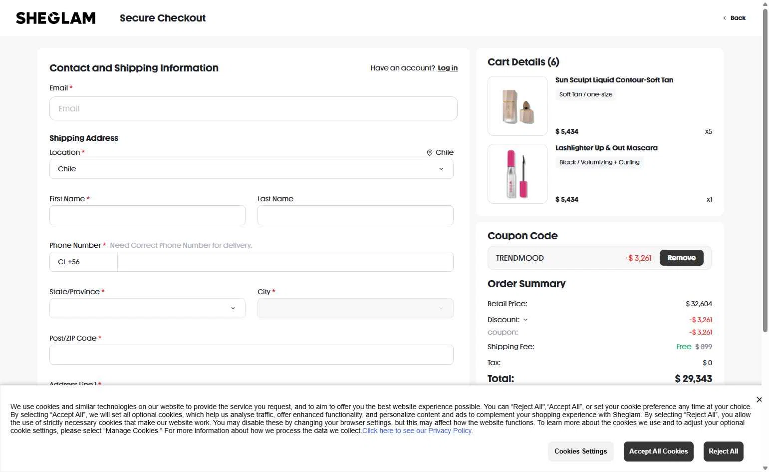 SHEGLAM US checkout page showing SHEGLAM US promo code box | Screenshot taken by SimplyCodes community member on Jan 9, 2026