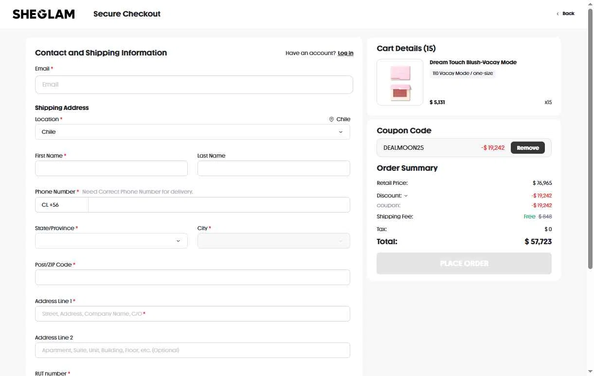 SHEGLAM US checkout page showing SHEGLAM US promo code box | Screenshot taken by SimplyCodes community member on Feb 12, 2026